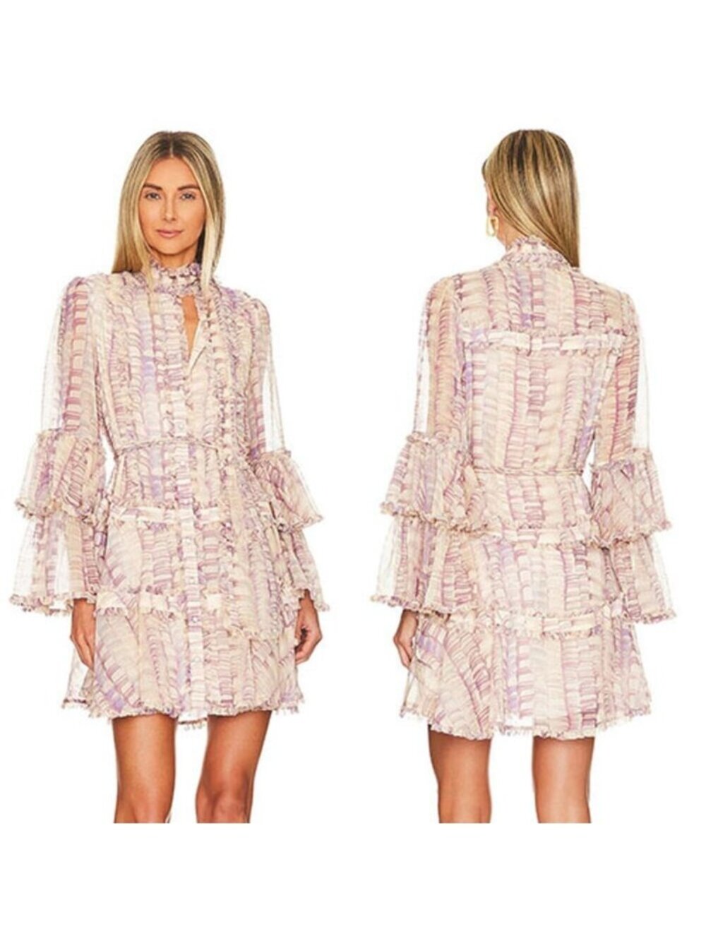NEW Alexis Gelsiny Tiered Ruffled Long Sleeve Mini Dress Purple Size: M